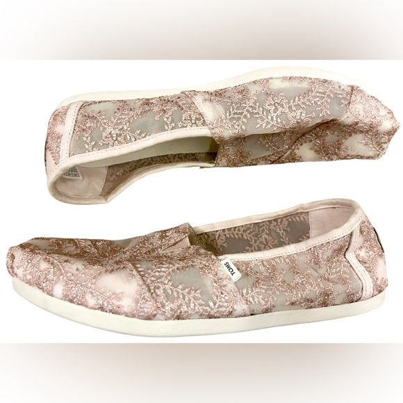 Toms Womens Alpargatas Rose Gold Metallic Hibiscus Floral Lace Size 7 Wedding - Picture 4 of 9